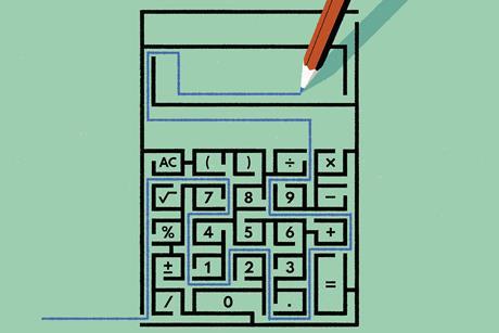 A pencil traces a path through a maze puzzle shaped like a calculator