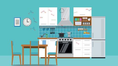 Illustration of a kitchen with the chemical structures of molecules found in indoor air pollution