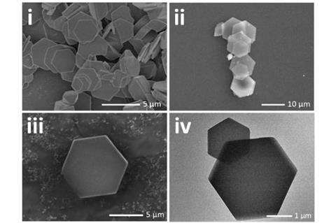 Four black and white micrograph images of crystals in the shape of hexagons