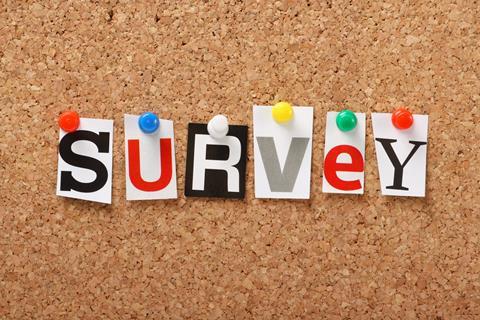 Different style letters spelling out SURVEY pinned to a notice board