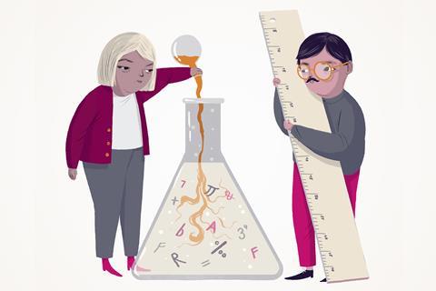 A cartoon of two people with a giant conical flask and a giant ruler