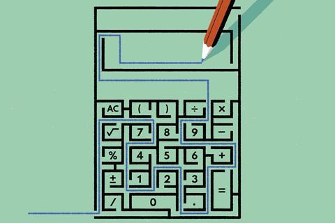A pencil traces a path through a maze puzzle shaped like a calculator