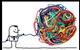 An image showing a cartoon figure untangling a ball of messy colourful wool
