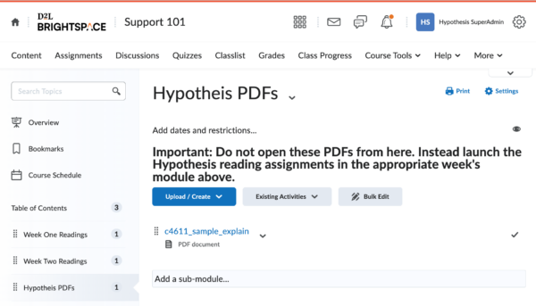 Hypothesis PDF module shown with uploaded PDF listed