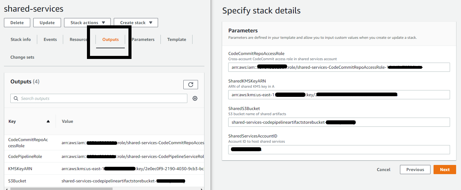 shared services stack outputs