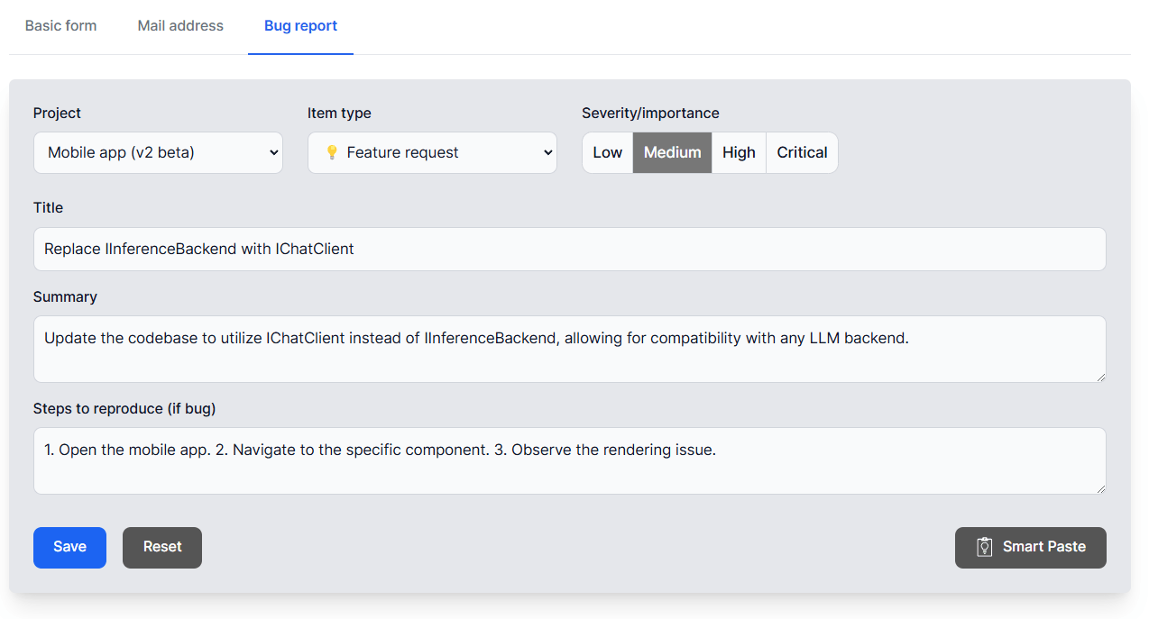A bug report form filled with information copied to the clipboard, using the .NET Smart component Smart Paste
