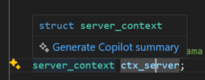 Image of a cursor on the variable ctx_server which then shows a popup that have the word generate copilot summary.