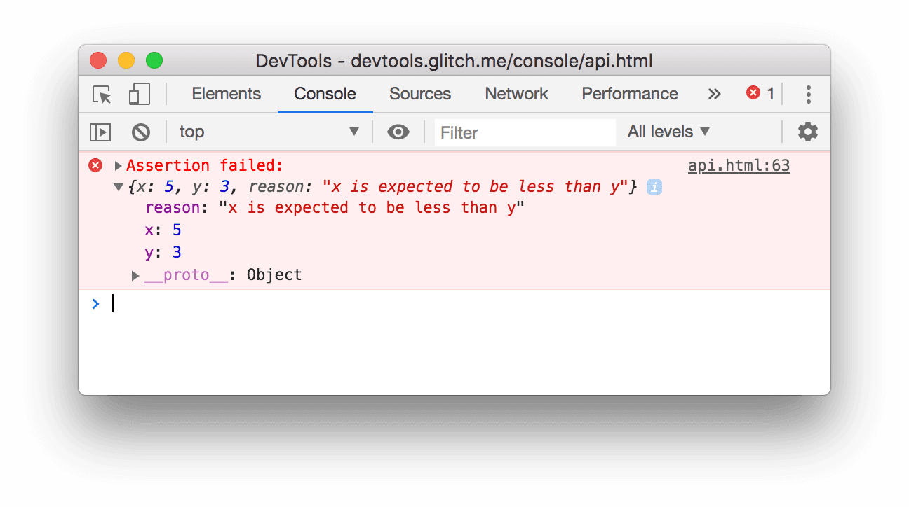 نتيجة مثال console.assert() أعلاه