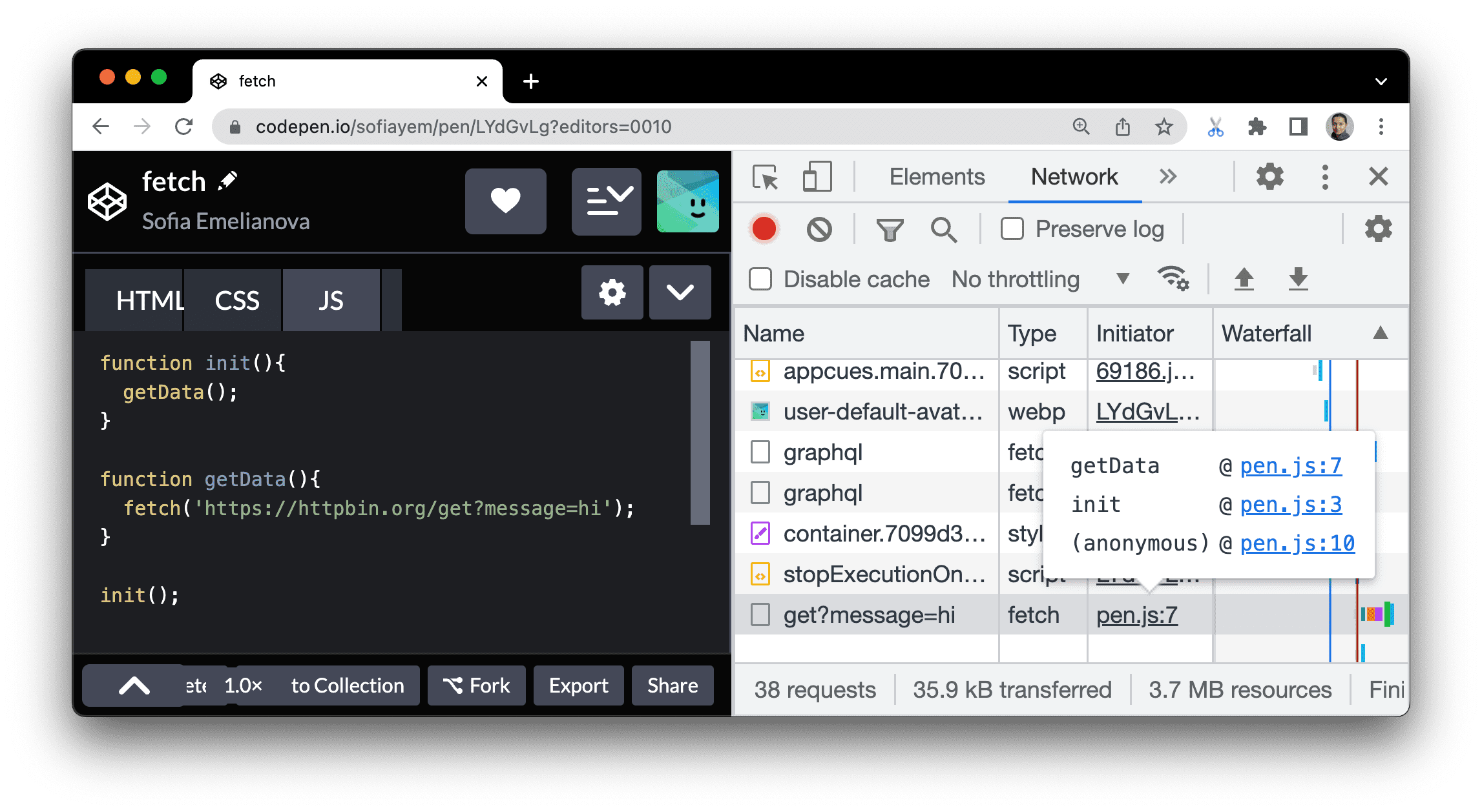 De stack trace die leidt tot een resourceaanvraag.
