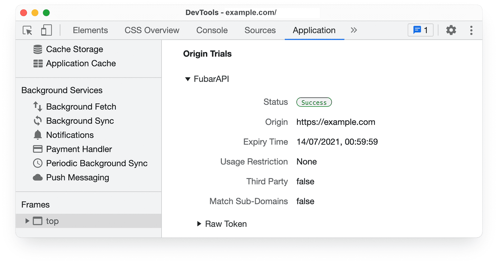 Narzędzia deweloperskie Chrome: informacje o testach pochodzenia w panelu Aplikacja.