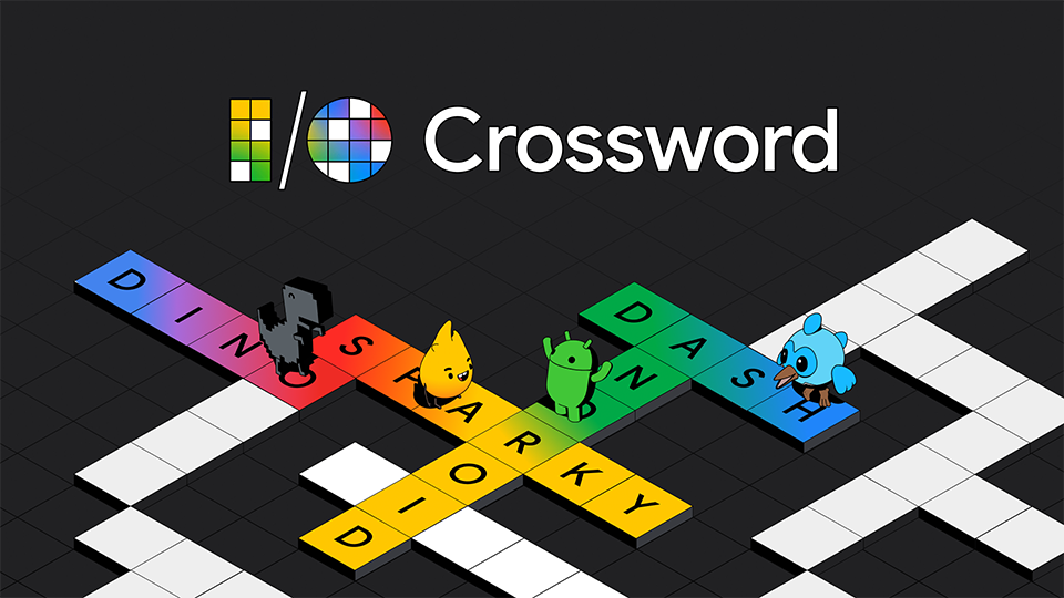 Un jeu de mots croisés sur un fond noir avec les noms des mascottes Google, y compris Firebase Sparky, le dinosaure Chrome, le robot Android et Flutter Dash