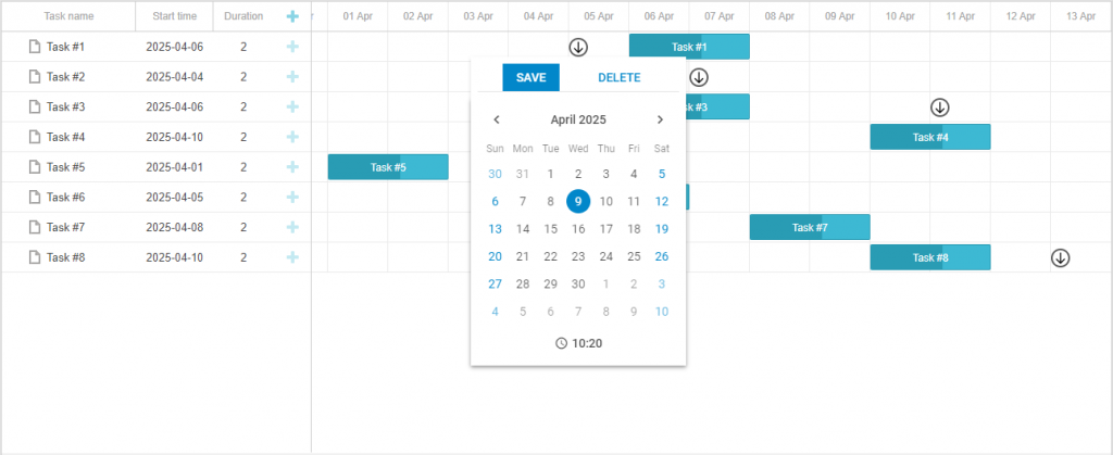 calendar in Gantt's popup menu