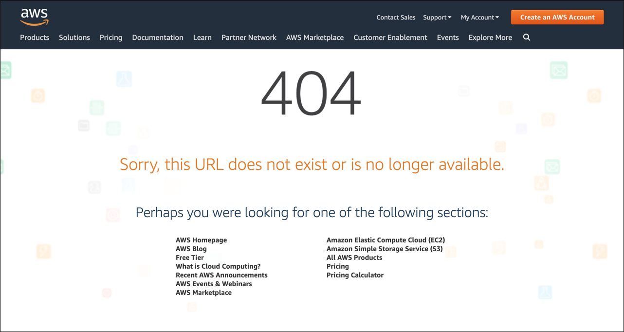 Captura de pantalla de un ejemplo de página 404 de AWS personalizada.