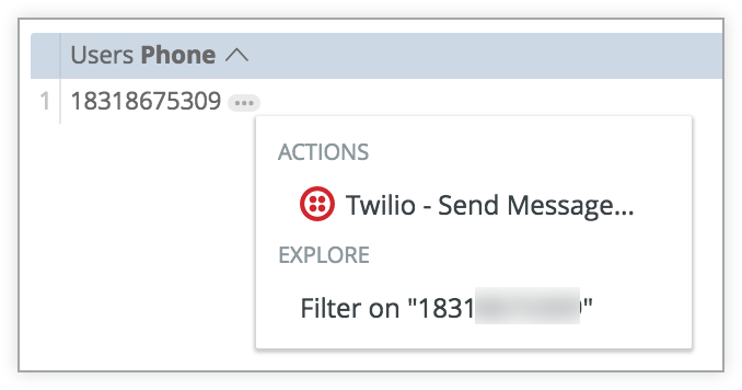 Menu déroulant du champ "Téléphone" des utilisateurs, incluant "Twilio – Envoyer un message" dans la section "Actions".
