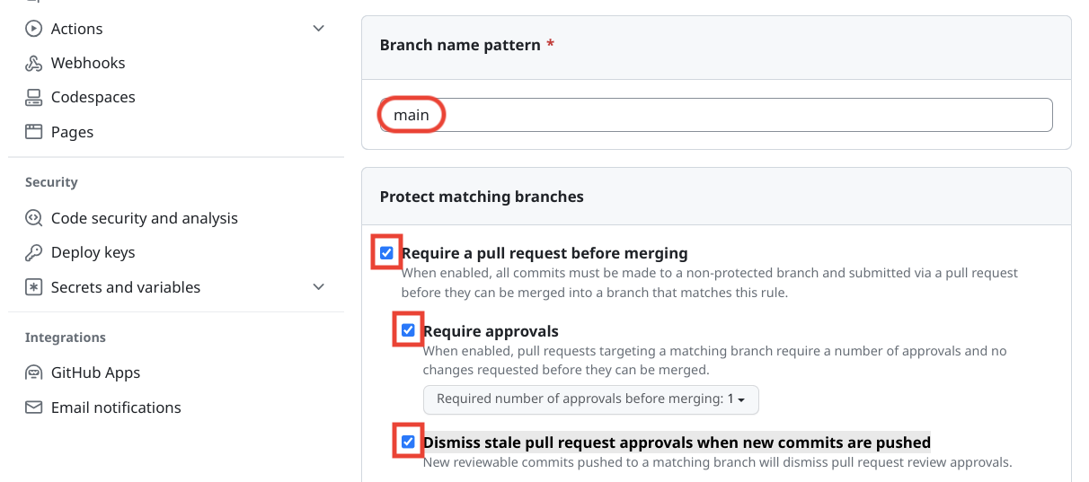 UI di GitHub per impostare le opzioni di protezione dei rami.