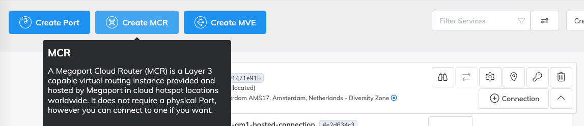 Screenshot of the Megaport portal showing a blue 'Create MCR' button and a tooltip explaining more about what an MCR is