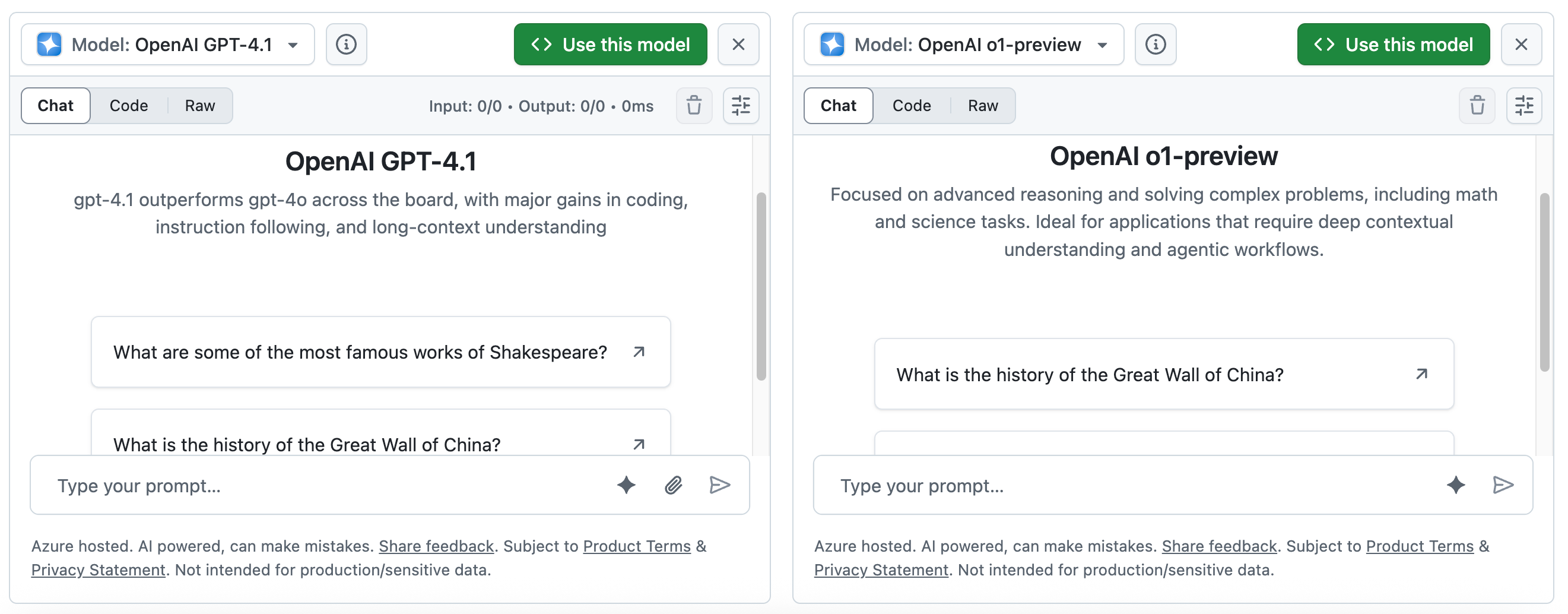 Screenshot of the GitHub Models playground, with windows for sending prompts to two models side by side.