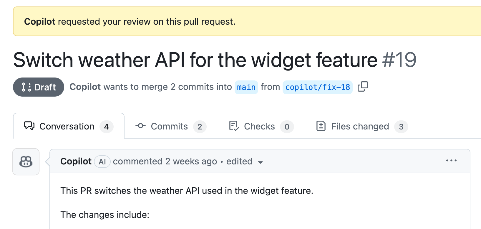 Screenshot of a pull request created by Copilot coding agent.