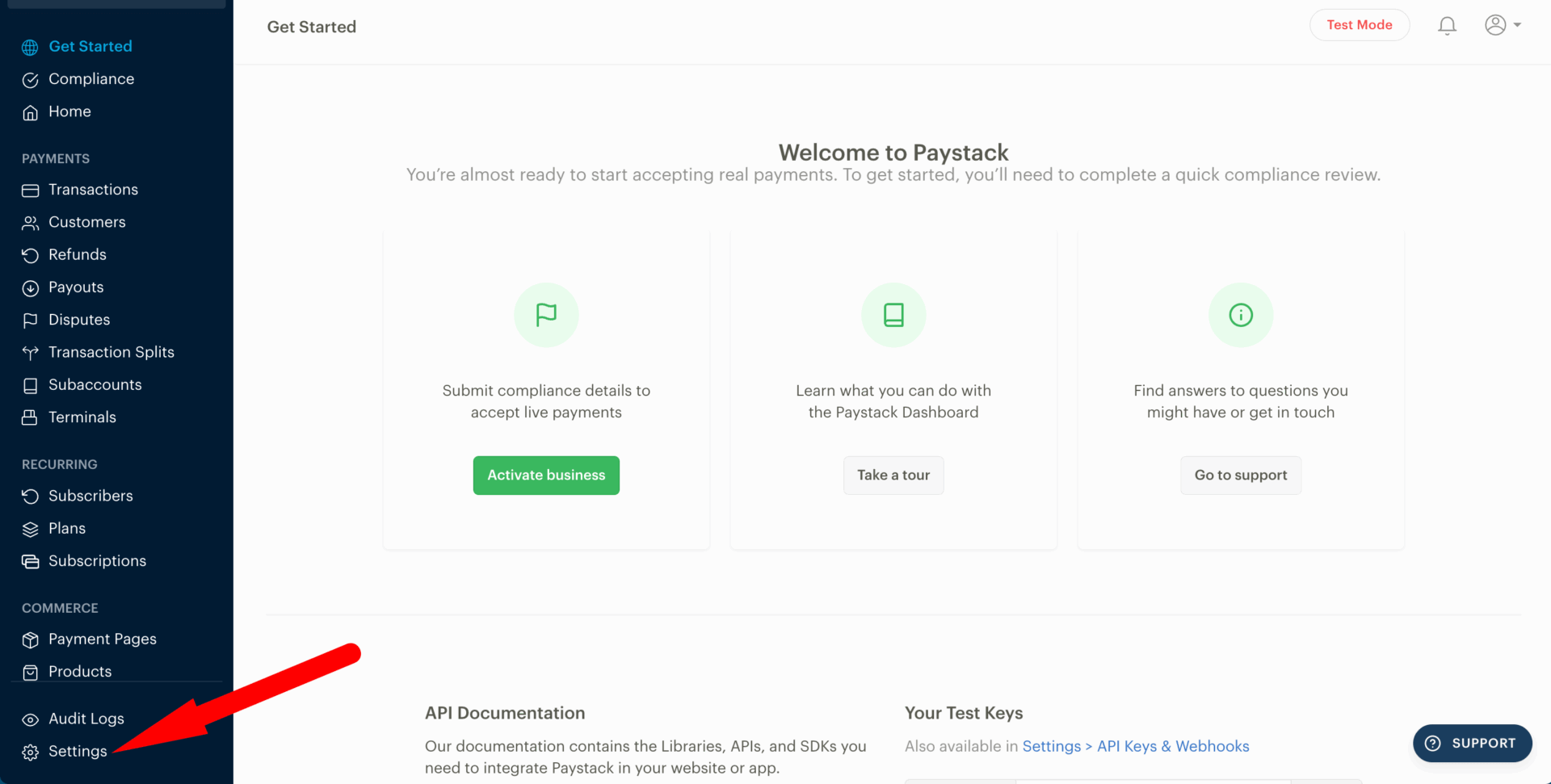 This is a screenshot of paystack settings