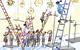Tiny students climbing ladders among lab equipment as directed by a teacher to claim chemistry prizes