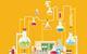 An illustration: yellow background, workbench with colourful practical chemistry equipment such as test tubes, flasks and clamps