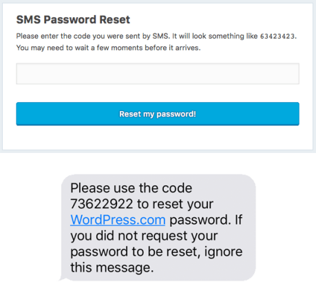 SMS によるパスワードリセットフォームと SMS のテキストメッセージのサンプル