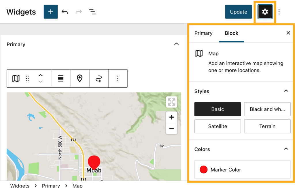 The Widget Editor with a Map Widget inserted and a highlight around the Block Settings sidebar.