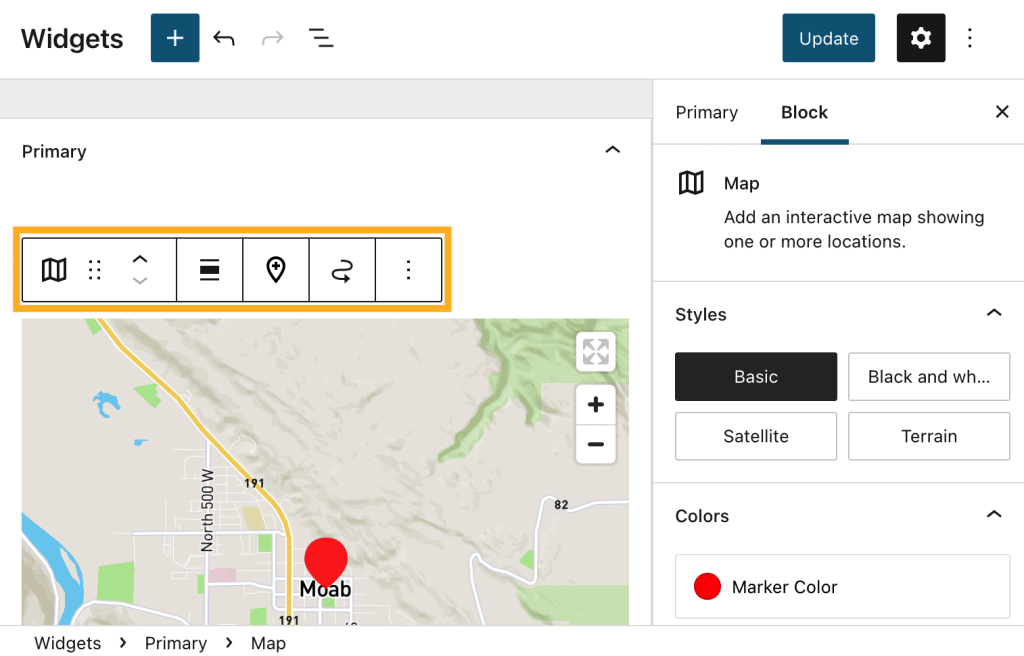 The Widget Editor with a Map Widget inserted and a highlight around the toolbar that appears above the widget.