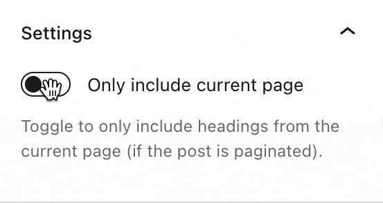 Table of Contents block settings.
