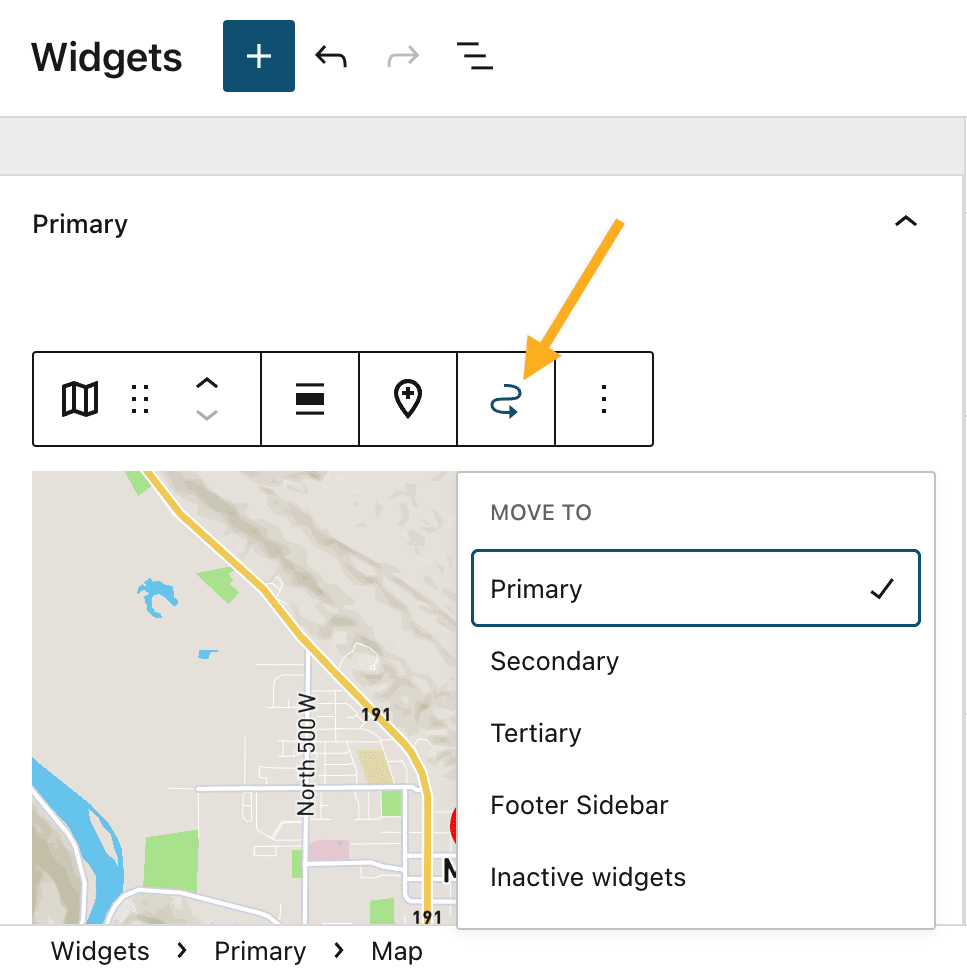 The Widget Editor with a Map Widget inserted and an arrow pointing to the Move To icon in the block toolbar.