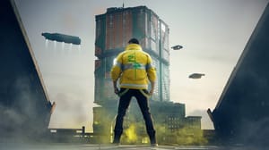 A character in an emergency worker jacket looks over a cyberpunk cityscape A character in an emergency worker jacket looks over a cyberpunk cityscape