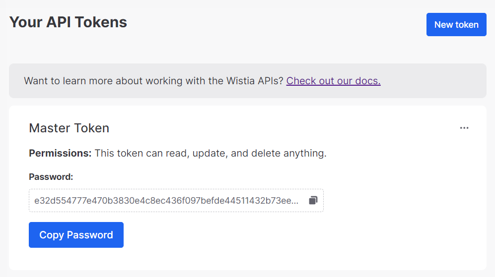 screenshot of the default 'master token' in the API access page