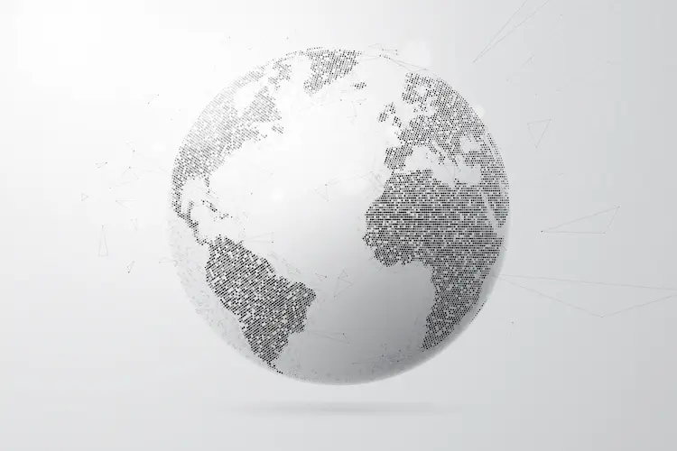 Minimalist 3D globe illustration made of pixel blocks showing Europe, Africa and the Americas — digital world map concept for global connectivity.