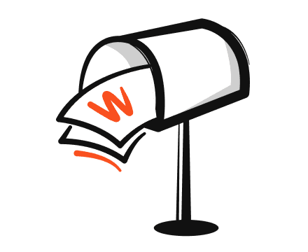A mailbox with an envelope partially emerging, featuring a bold orange "W" on the envelope.