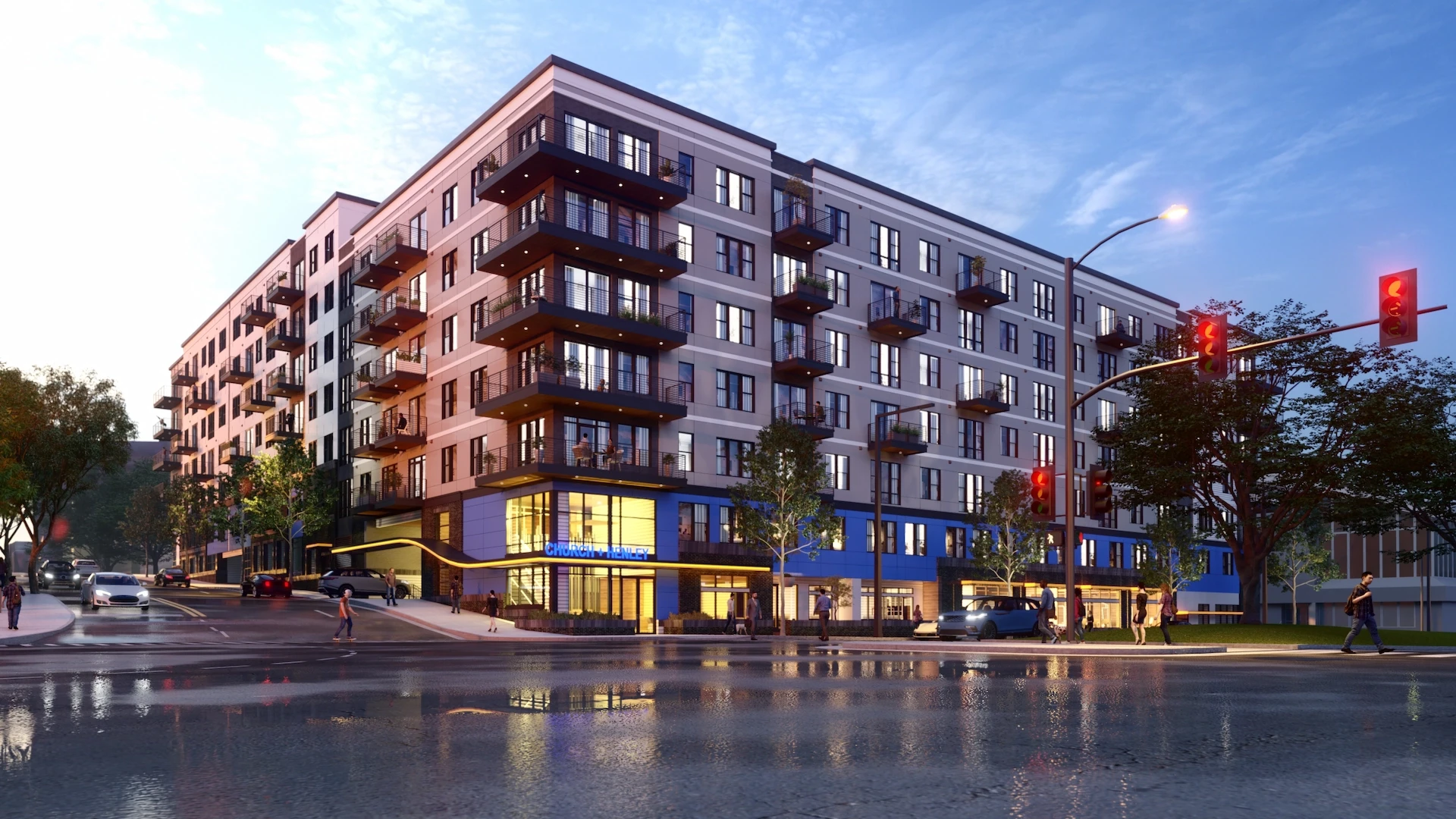 Evening 3D rendering of Church & Henley residential complex with modern mid-rise architecture, street-level retail and vibrant urban setting — real estate visualization by 3D CBA.
