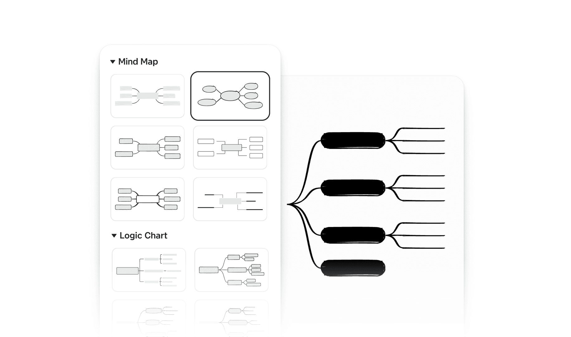 Xmind skeleton with hierarchical structure layout for defining mind map logic and flow.