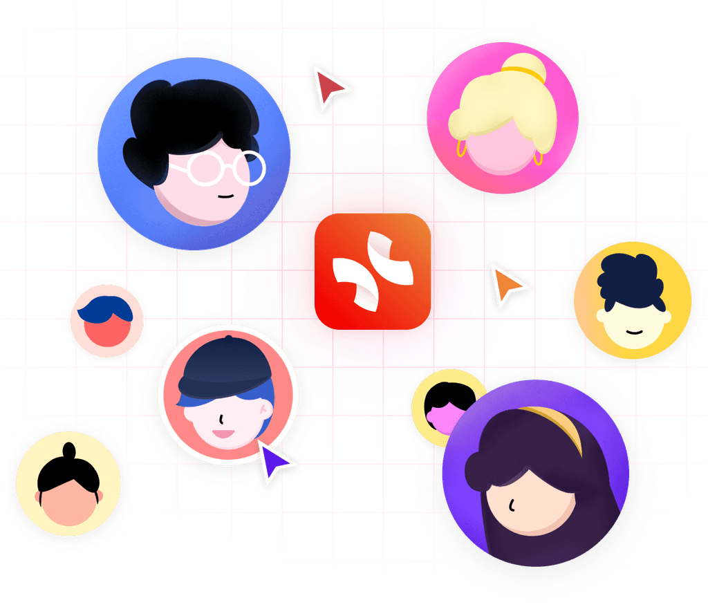 Nine illustrated user avatars are connected around a central red icon, symbolizing interaction within a digital platform.