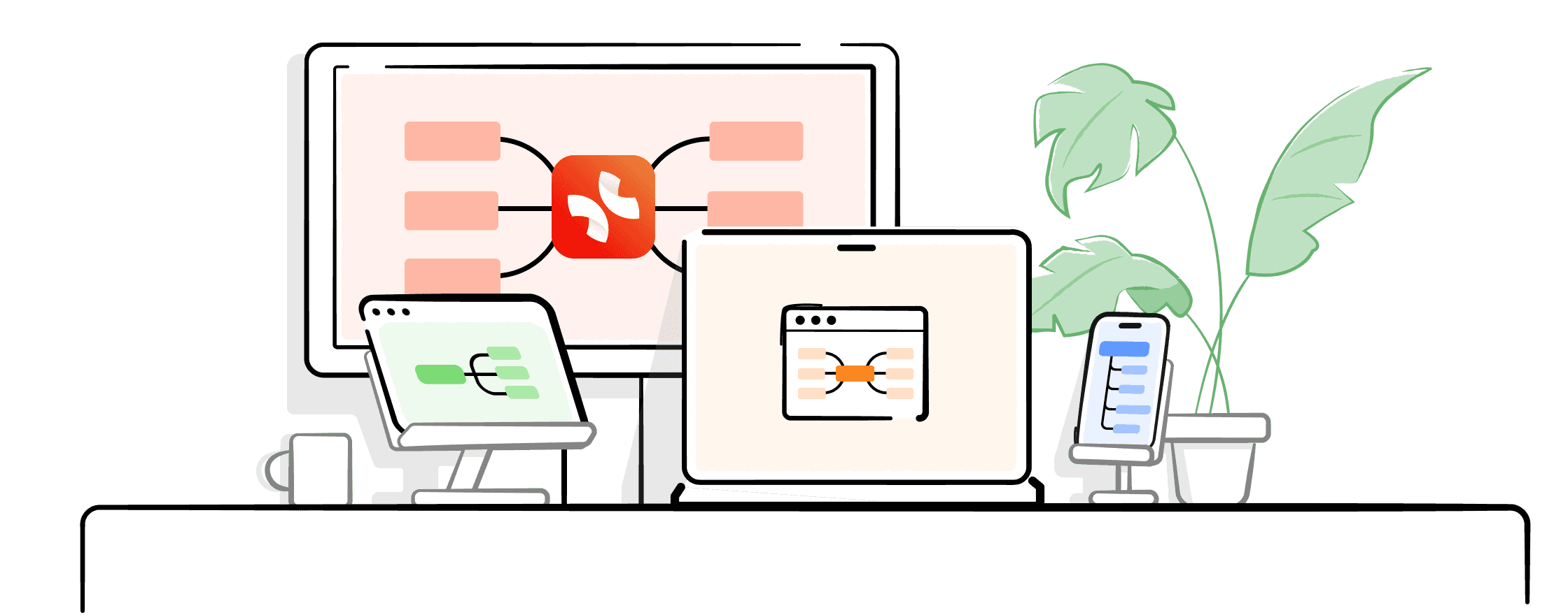 Four devices displaying various user interface elements, with a central logo on a computer screen and greenery in the background.