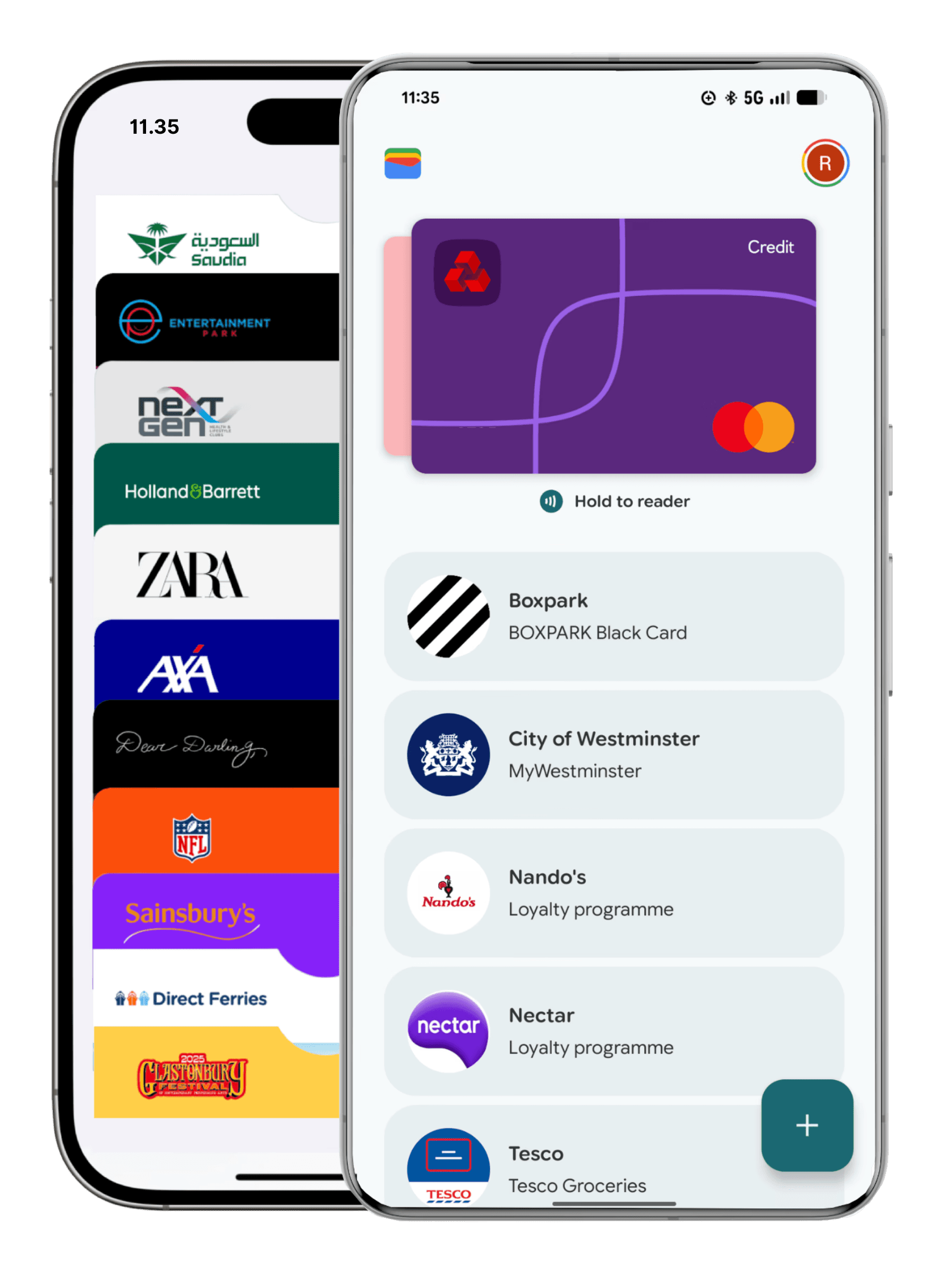 Apple Wallet and Google Wallet interface on iPhone showing an active pass with tap-to-reader support and additional passes below.