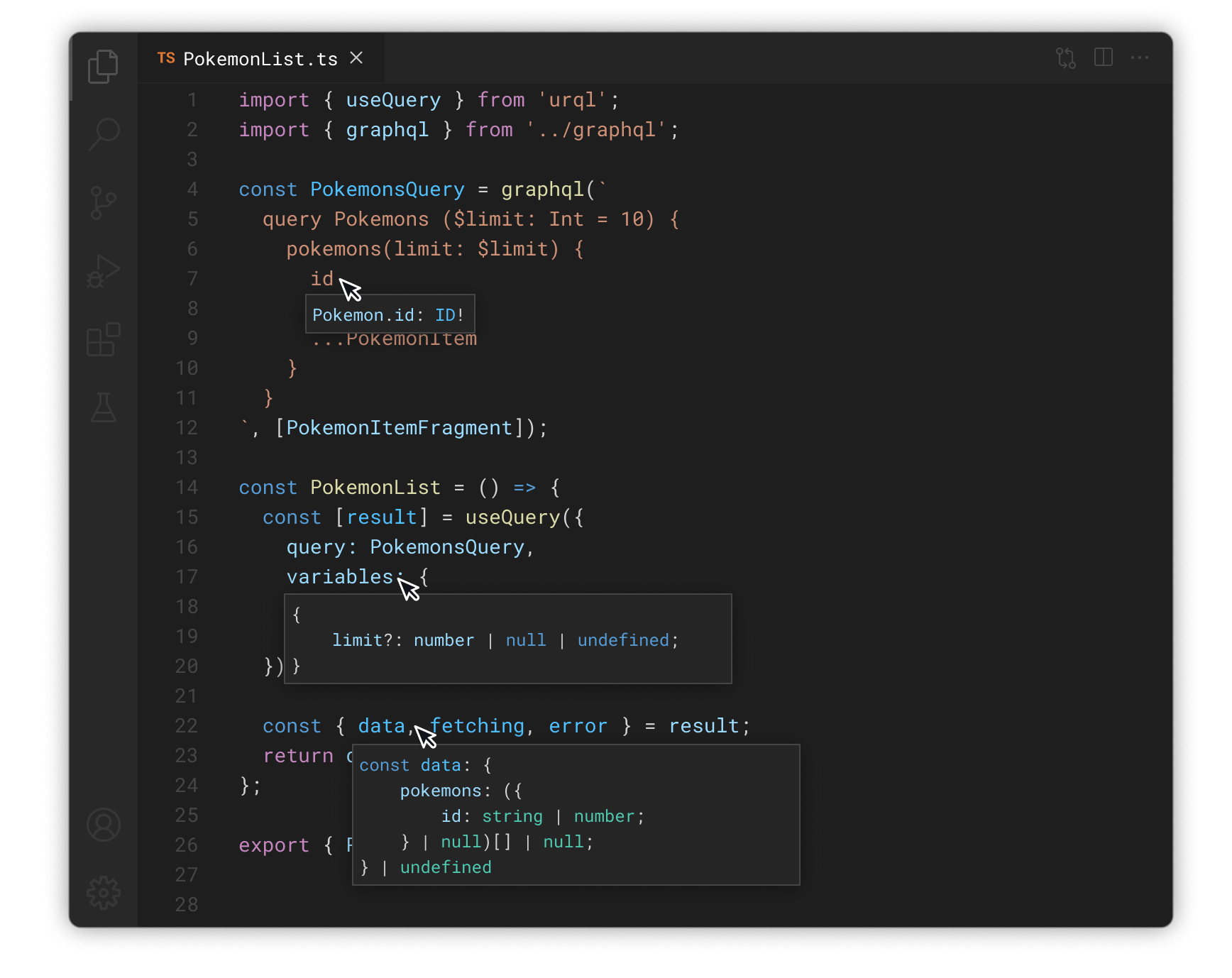 Code Editor showing GraphQL queries being edited with gql.tada and GraphLSP