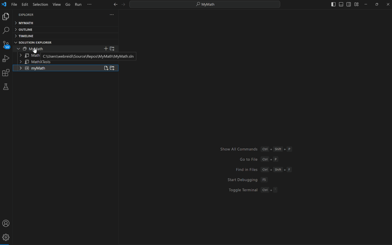 Animation showing C# Dev Kit's add existing project feature