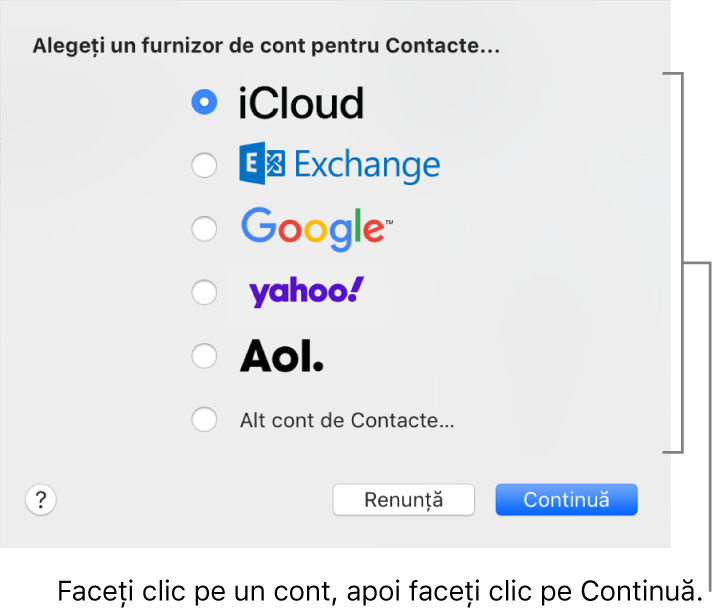 Fereastra pentru adăugarea conturilor de internet în aplicația Contacte.