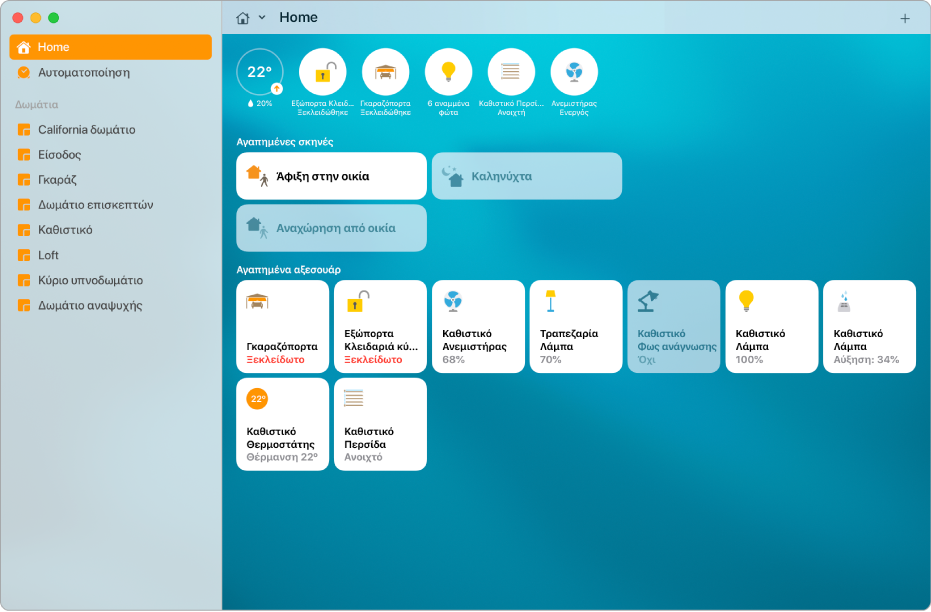 Η οθόνη Αφετηρίας στην οποία εμφανίζονται εικονίδια κατάστασης στο πάνω μέρος, μετά οι αγαπημένες σκηνές με επισημασμένη τη σκηνή «Είμαι στο σπίτι», και έπειτα τα αγαπημένα αξεσουάρ.