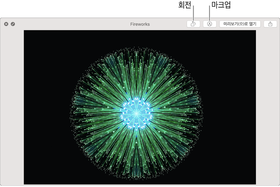 이미지를 회전 또는 마크업하거나, 미리보기 앱에서 열거나, 공유할 수 있는 버튼이 있는 훑어보기 윈도우의 이미지