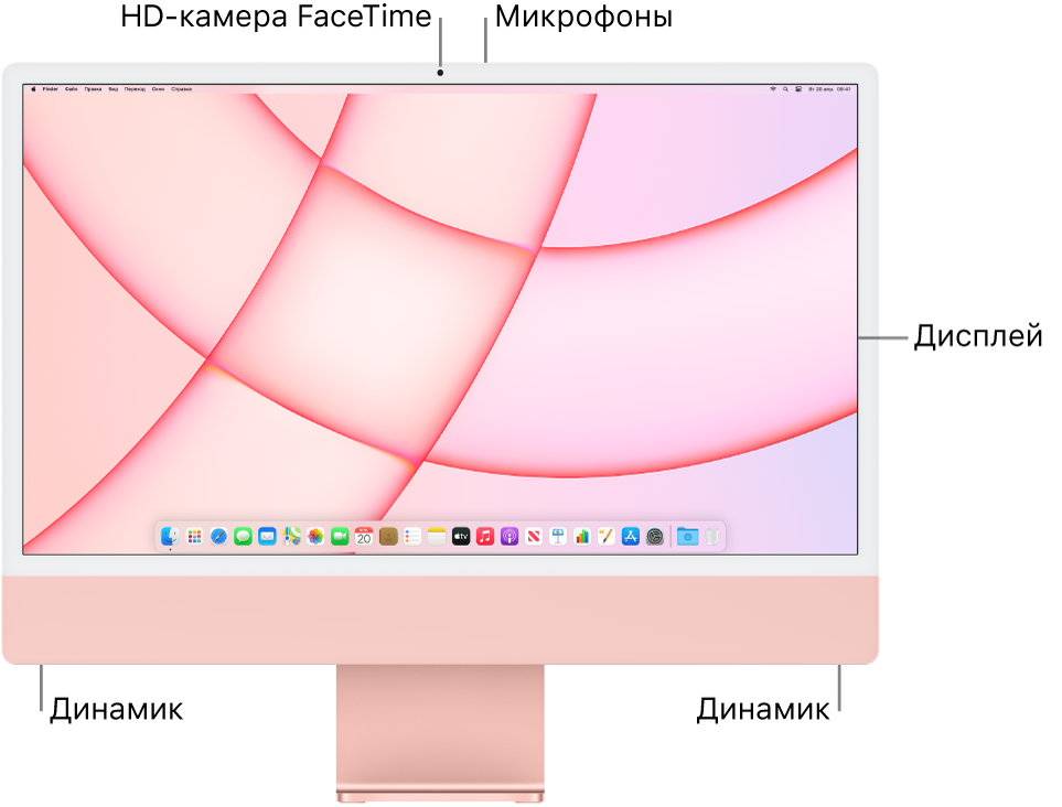 iMac, вид спереди. Показаны экран, камера, микрофоны и динамики.