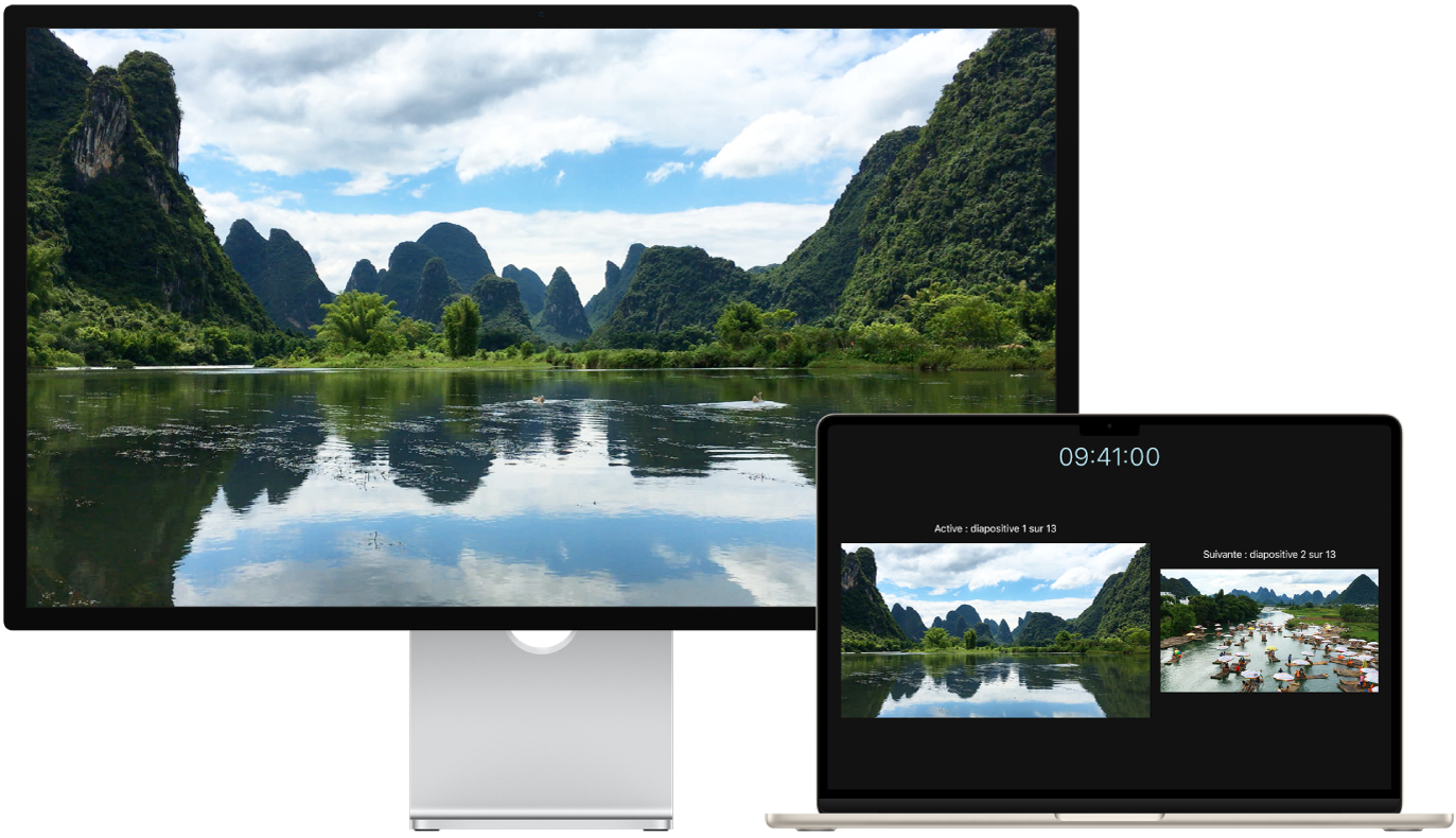Un MacBook Air représenté avec un moniteur Studio Display utilisé comme écran externe.