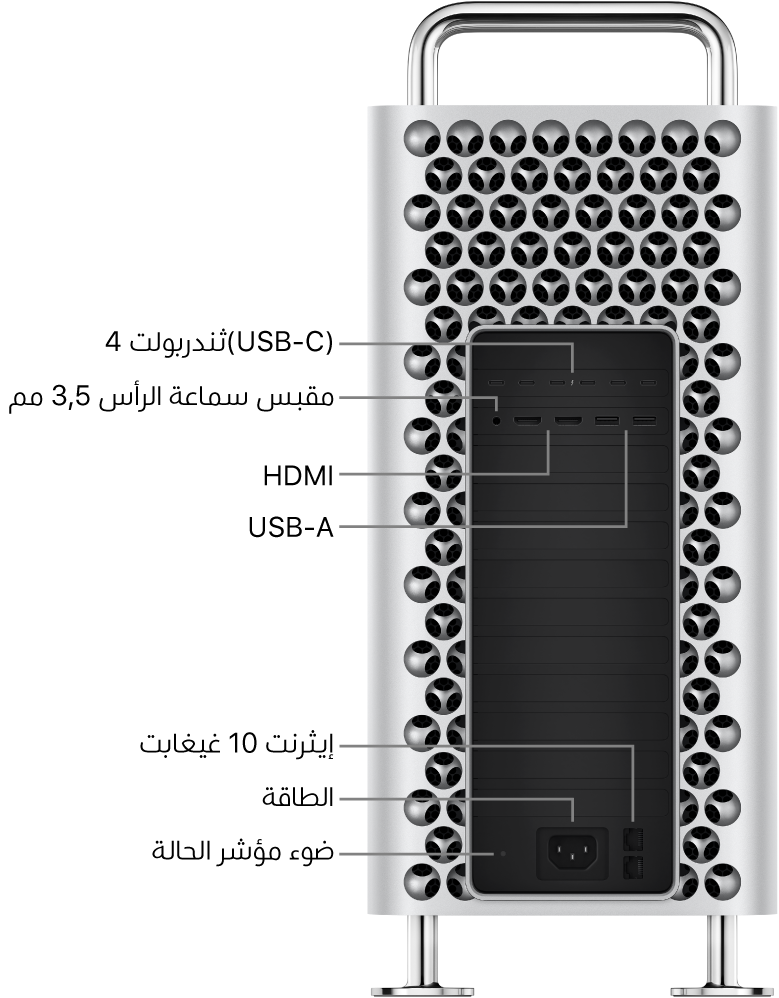 منظر جانبي للـ Mac Pro يظهر فيه ستة منافذ ثندربولت 4 (USB-C) ومقبس سماعة رأس مقاس 3.5 مم ومنفذا USB-A ومنفذا HDMI ومصباح مؤشر الحالة ومنفذ طاقة ومنفذا إيثرنت بسرعة 10 غيغابت.