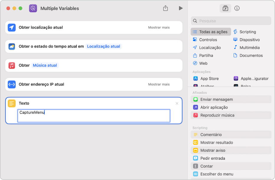 Variáveis selecionáveis no editor de atalhos.