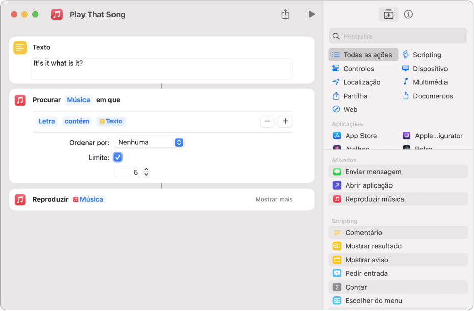 Variável “Perguntar sempre” que substitui os parâmetros Repetir na ação “Reproduzir música” no editor de atalhos.