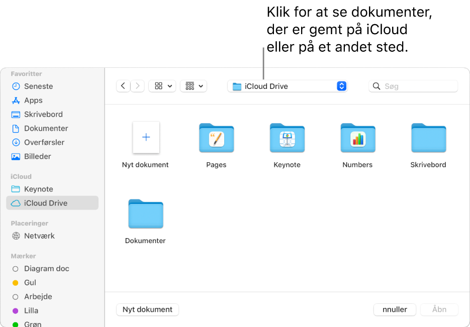 Dialogen Åbn med indholdsoversigten åben til venstre og iCloud Drive valgt på lokalmenuen øverst. Mapper til Keynote, Numbers og Pages vises i dialogen sammen med knappen Nyt dokument.